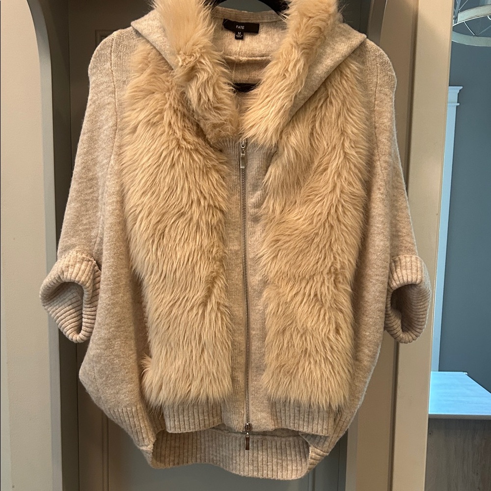 Faux Fur Hooded Zip-Up Poncho by FATE